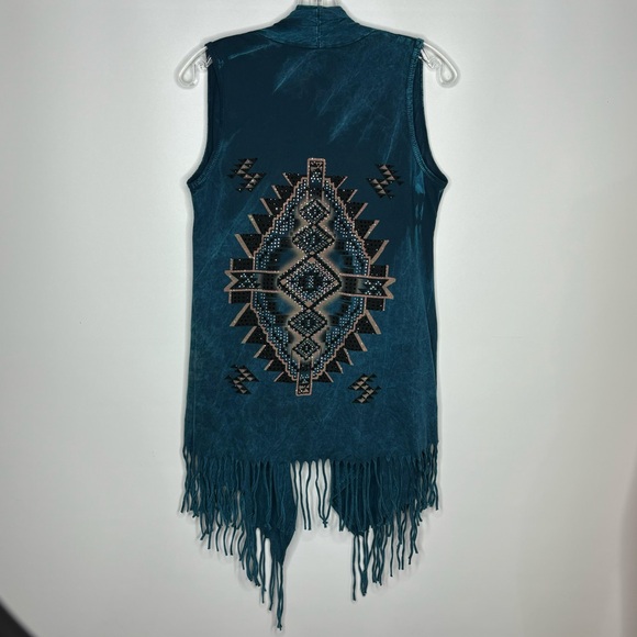 Vocal Turquoise Blue Rhinestone Studded Southwestern Fringe Open Vest - Picture 2 of 16
